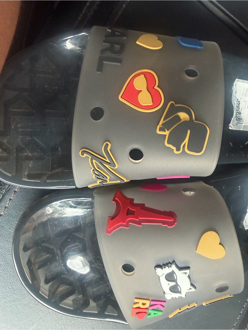 NEW -Karl Lagerfeld Gray Charm Slide Sandals with Multicolor Icons